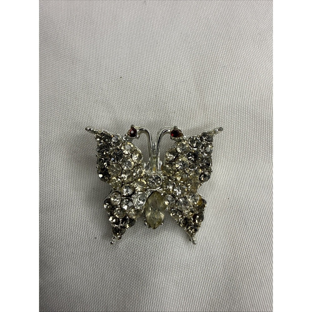 Silver Tone Smoky Rhinestone Butterfly Pin Brooch Vintage Ruby Red Eyes Antennae